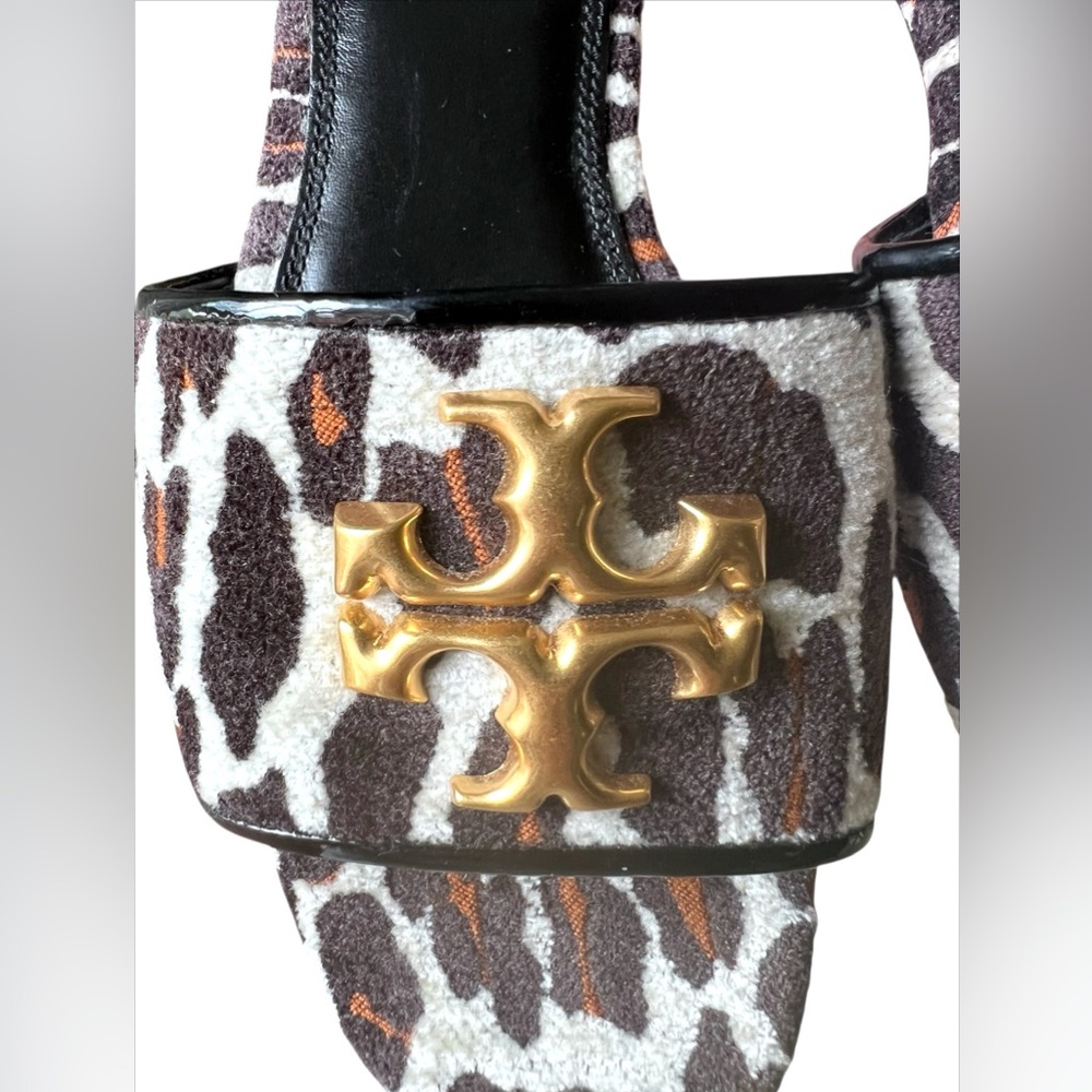 TORY BURCH ELEANOR Leather Leopard Print Gold Medallion Slide Sandals Size 8 - Picture 12 of 16